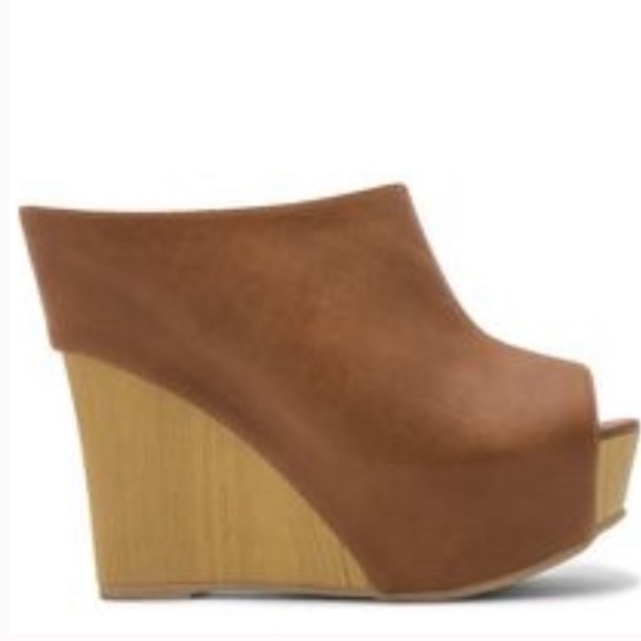 Qupid High Heels Mule Open Toe Brown Leather and Wood Chunky Platform - Picture 2 of 9